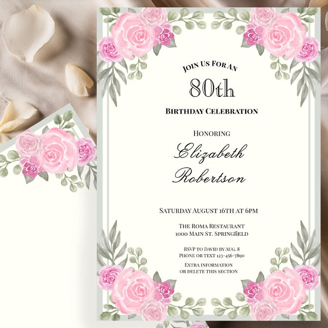 Convite Aniversário de 80 anos com flores rosa e verde sag (Criador carregado)