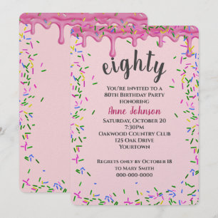 Convite Aniversário de 80 anos com glacê rosa e confeitos