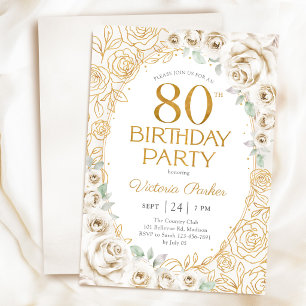 Convite Aniversário de 80 anos Creme Dourado Floral Femini