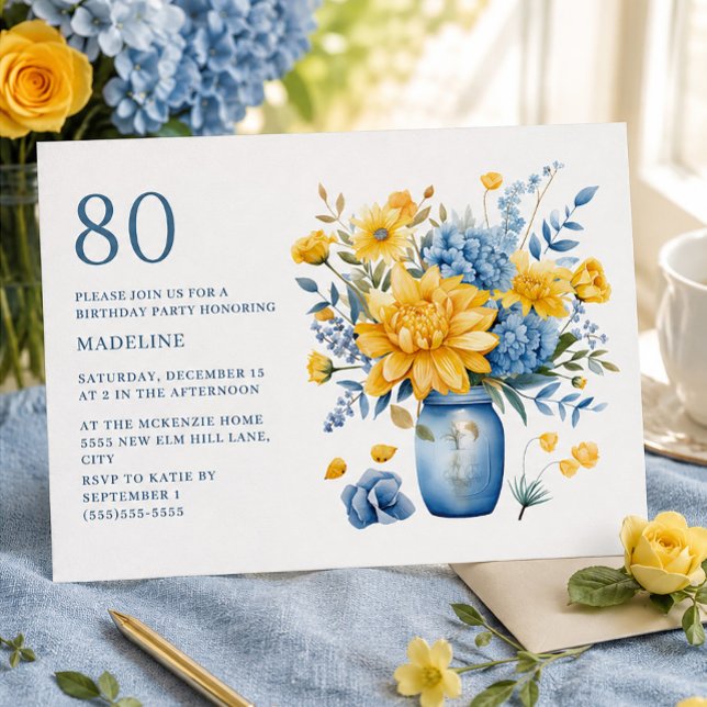 Convite Aniversário de 80 anos do Jardim Floral Azul Amare (Yellow and blue watercolor floral 80th birthday party invitation)