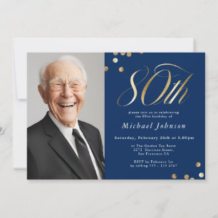 Convite Aniversário de 80 anos elegante em azul marinho e
