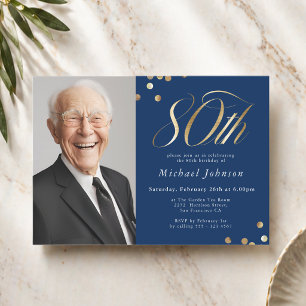 Convite Aniversário de 80 anos elegante em azul marinho e