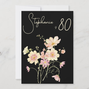 Convite Aniversário de 80 anos Elegante Floral Black Blush