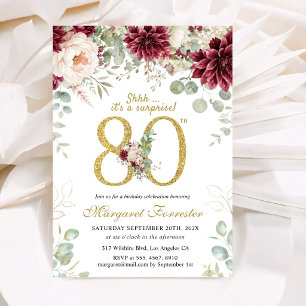 Convite Aniversário de 80 anos Elegante Floral Borgonha e