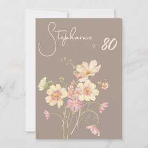 Convite Aniversário de 80 anos Elegante Floral Taupe Blush
