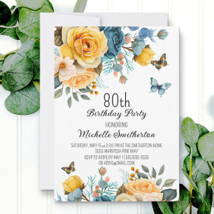 Convite Aniversário de 80 anos em azul empoeirado com flor