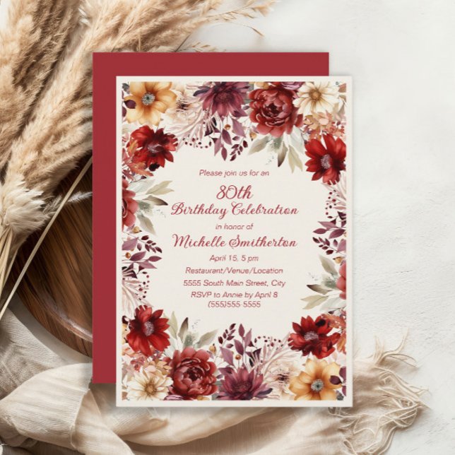 Convite Aniversário de 80 anos em Creme Borgonha com Flora (Burgundy and cream floral 80th birthday party invitation)