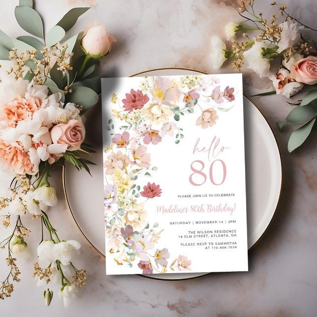 Convite Aniversário de 80 anos em Floral Rosa Encantado (Criador carregado)