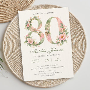 Convite Aniversário de 80 anos em Floral Sage Verde Rosa E