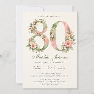 Convite Aniversário de 80 anos em Floral Sage Verde Rosa E
