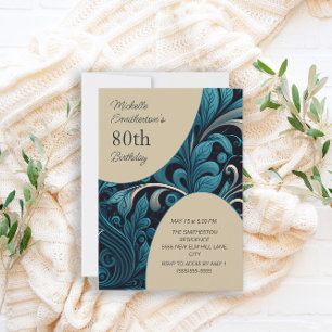 Convite Aniversário de 80 anos Floral Azul Turquesa Dourad