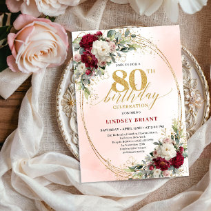 Convite Aniversário de 80 anos Floral Boêmia Borgonha Mile