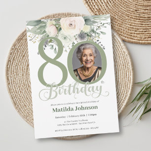 Convite Aniversário de 80 anos Floral Photo Sage