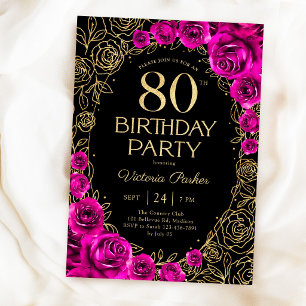 Convite Aniversário de 80 anos Floral Rosa Fúcsia Preto e