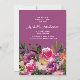 Convite Aniversário de 80 anos Floral Rosa Roxo Amarelo