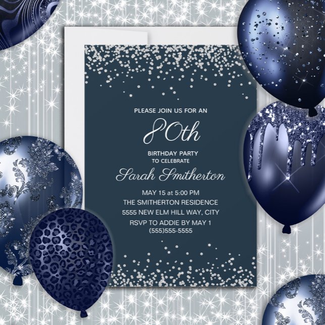 Convite Aniversário de 80 anos Navy Blue Silver Diamond Gl (Navy blue and silver glitter women's 80th birthday invitation customizable with your own text.)
