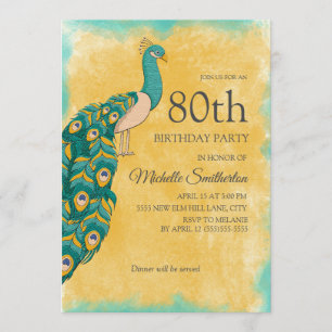 Convite Aniversário de 80 anos Pavão Aquarela Azul Turques