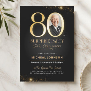 Convite Aniversário de 80 anos Preto Dourado Elegante Foto
