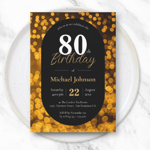 Convite Aniversário de 80 anos Preto e Dourado Elegante