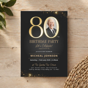 Convite Aniversário de 80 anos Preto e Dourado Moderno e E