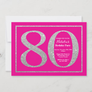 Convite Aniversário de 80 anos rosa quente e brilho pratea