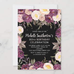 Convite Aniversário de 80 anos Rosa Roxo Floral Vintage Pr