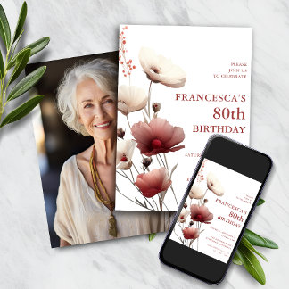 Convite Aniversário de 80 de cor rosa e branca