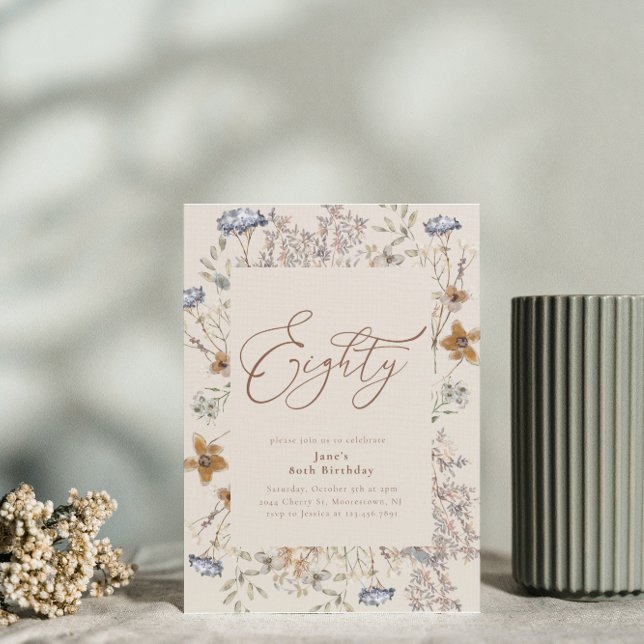 Convite Aniversário de 80 Floral de Aquarela Elegante (Criador carregado)