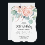 Convite Aniversário de 80 Floral de Cor de Água Rosa e Bei<br><div class="desc">Um convite de aniversário maravilhosamente feminino para celebrar este aniversário especial do marco, este design apresenta um adorável buquê de papoilas aquáticas, rosas, eucalipto e vegetação rasteira em bege pastel, rosa, verde e azul-esverdeado. Celebre o convidado de honra em estilo encantador com este design único em formato de convite. Personalize...</div>