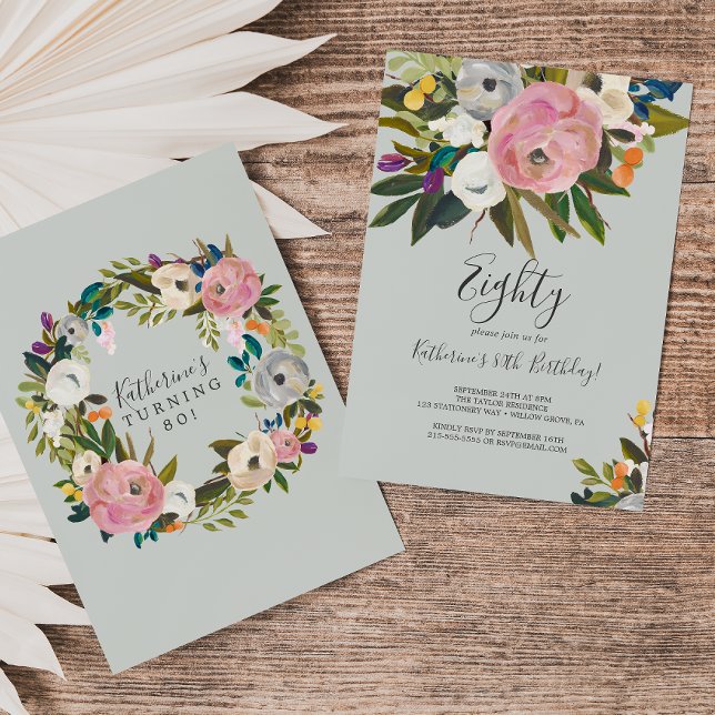 Convite Aniversário de 80 Floral Pintado (Criador carregado)