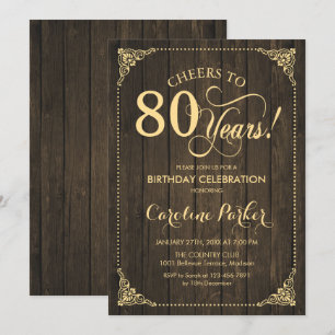 Convite Aniversário de 80 - Madeira Rústica Dourada