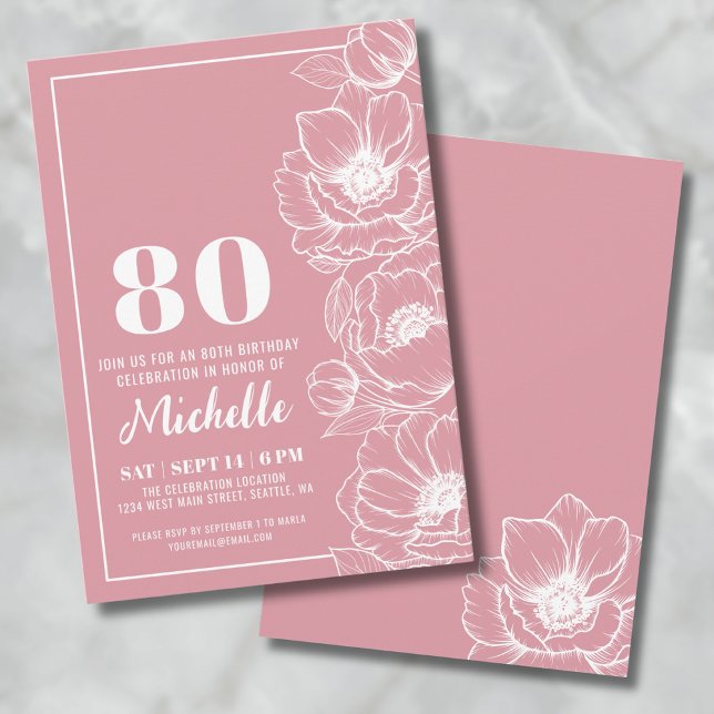 Convite Aniversário de 80 Rosa Floral (Floral Pink 80th Birthday Invitation)
