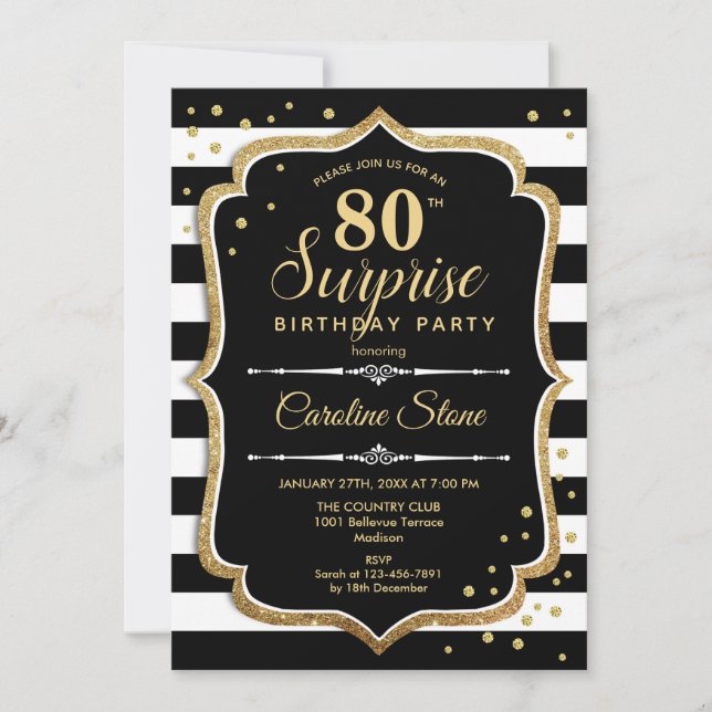Convite Aniversário de 80 Surpresa - Branco Negro Dourado (Frente)