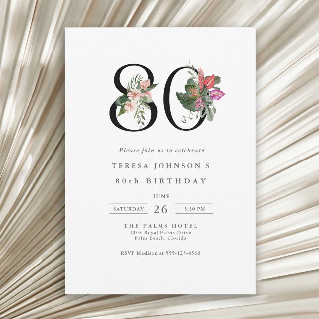 Convite Aniversário de 80 Tropical Elegante Simples (Available in both printed and instant download digital formats.)