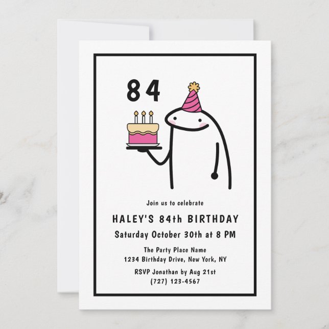 Convite Aniversário de 84 anos Meme Engraçado Simples Pret (Frente)