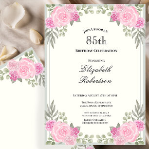 Convite Aniversário de 85 anos com flores rosa e verde sag