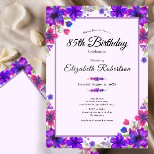 Convite Aniversário de 85 anos Elegante Floral Roxa