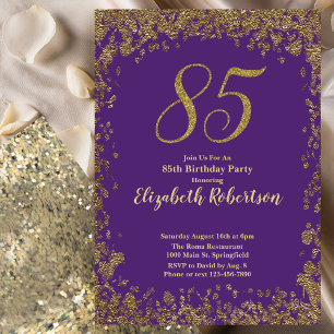 Convite Aniversário de 85 anos em Roxo e Dourado Elegante
