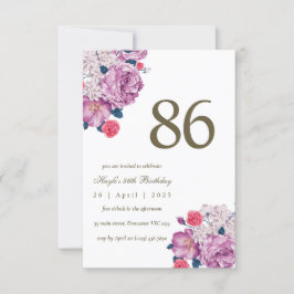 Convite Aniversário de 86 anos com estampa floral roxa bot