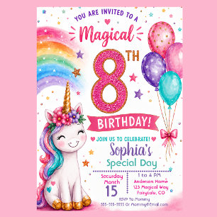 Convite Aniversário de 8 anos da Menina Unicórnio Mágico