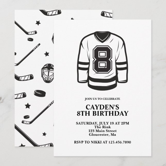 Convite Aniversário de 8 anos de Hockey preto e branco (Frente/Verso)