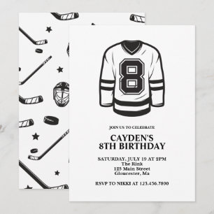 Convite Aniversário de 8 anos de Hockey preto e branco
