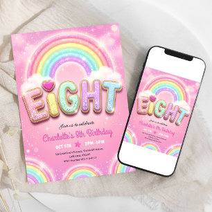 Convite Aniversário de 8 anos Pastel Pink Rainbow Sparkle