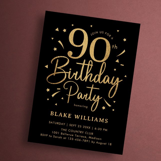 Convite Aniversário de 90 anos Black Gold (Criador carregado)