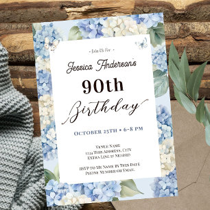 Convite Aniversário de 90 anos Blue Hydrangea Adult Garden