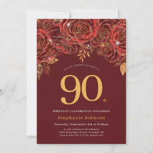 Convite Aniversário de 90 anos Burgundy Dourado Floral Ele
