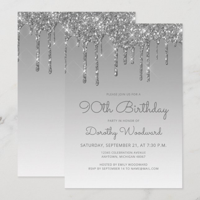 Convite Aniversário de 90 anos Chic Glitter Drip Prata (Frente/Verso)