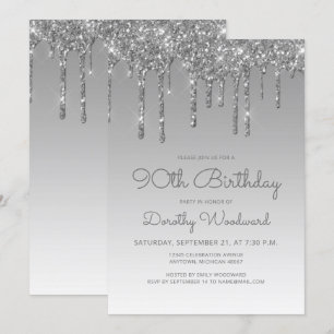 Convite Aniversário de 90 anos Chic Glitter Drip Prata