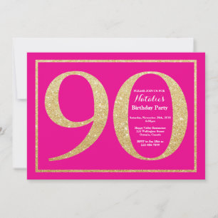 Convite Aniversário de 90 anos com Brilho Rosa e Dourado