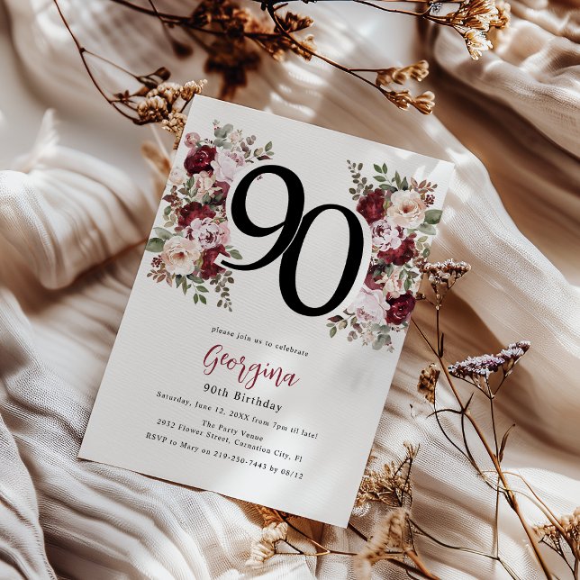 Convite Aniversário de 90 anos com Floral Elegante (Criador carregado)